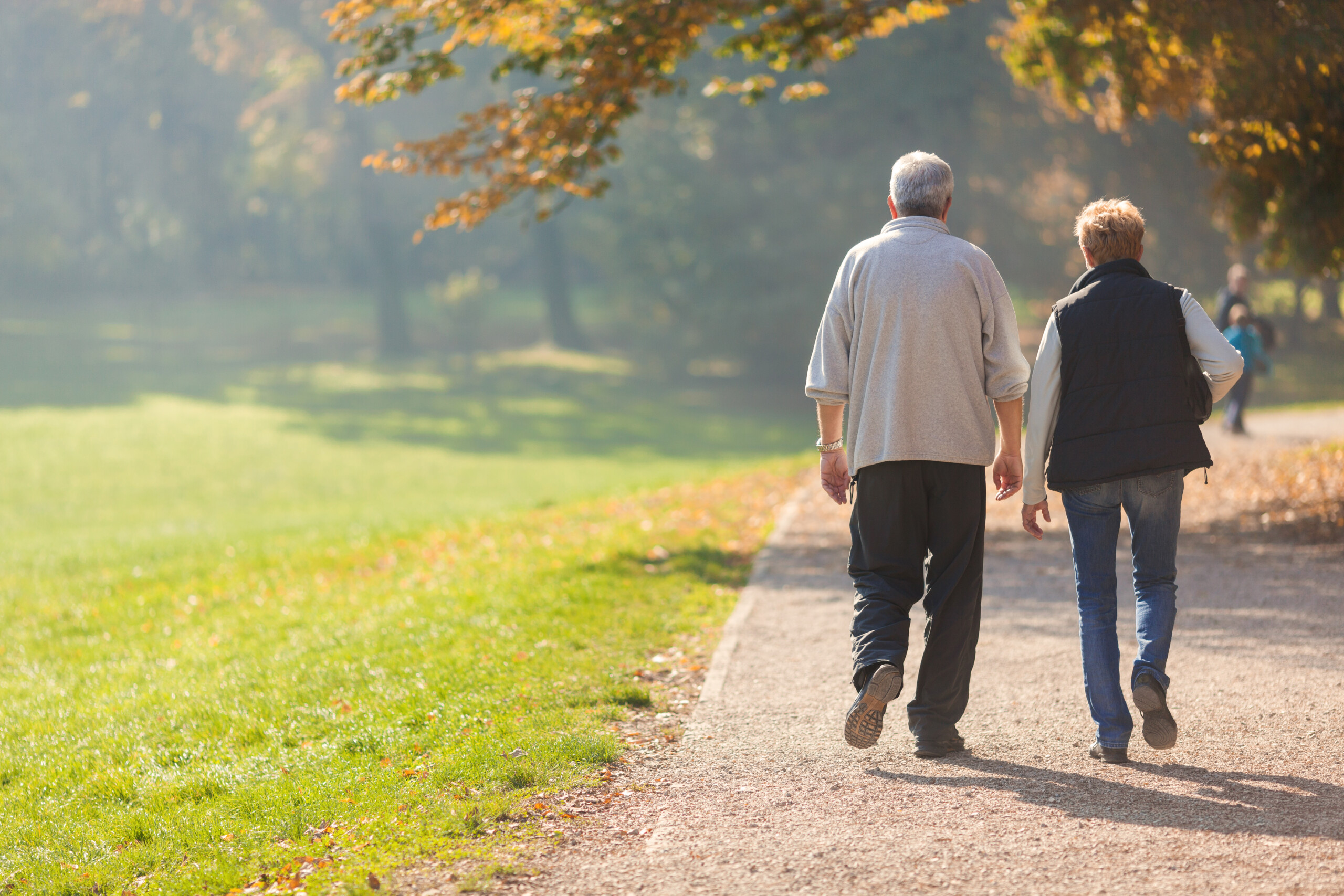 An elderly couple taking a walk on a fall afternoon.