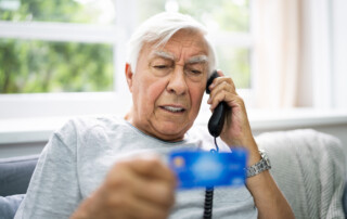 A senior man talking on the phone while holding his credit card
